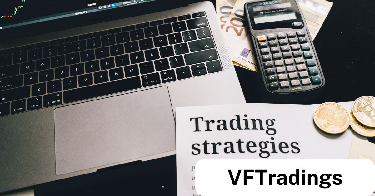 A workspace setup featuring a laptop, calculator, euro banknotes, and a document titled 'Trading Strategies,' symbolizing preparation for prop trading success with VFTradings.